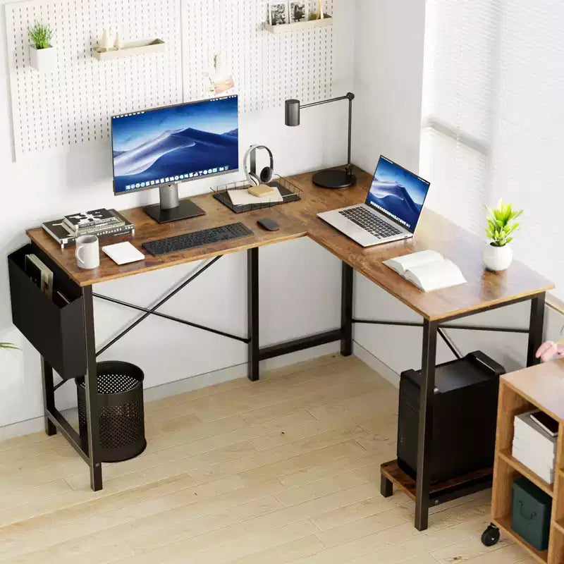 TUYOHW Escritorio de computadora en forma de L con estructura en forma de X, escritorio de oficina de esquina para juegos de 50" con estante de almacenamiento de CPU y bolsa lateral para oficina en casa, estudio, juegos