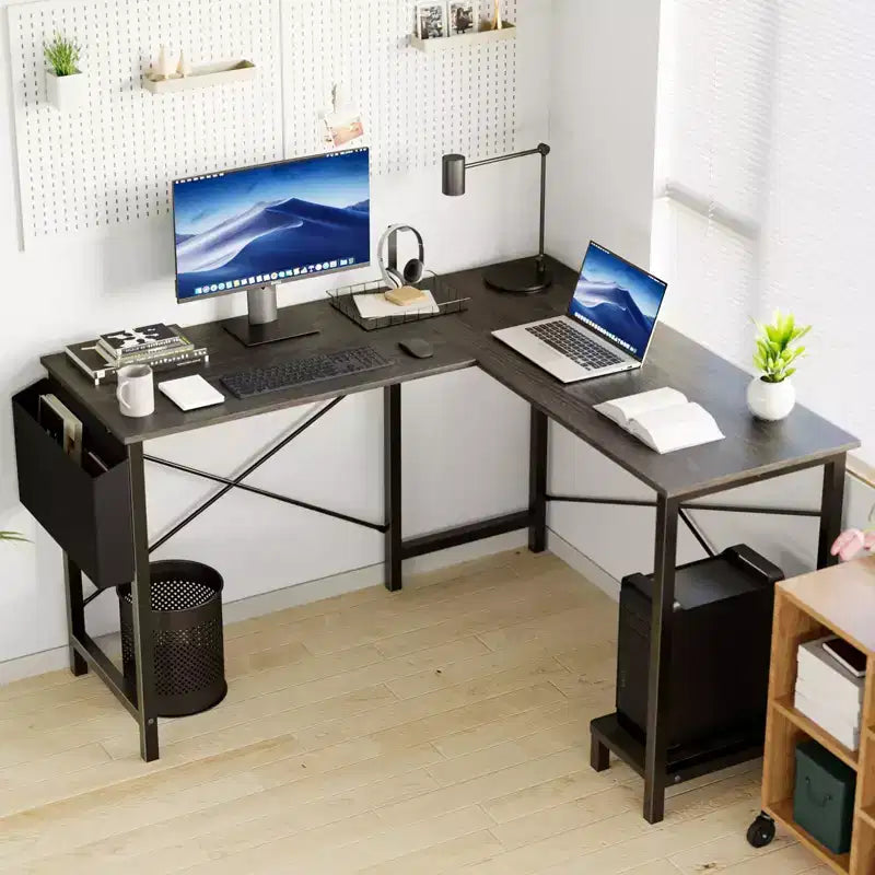 TUYOHW Escritorio de computadora en forma de L con estructura en forma de X, escritorio de oficina de esquina para juegos de 50" con estante de almacenamiento de CPU y bolsa lateral para oficina en casa, estudio, juegos