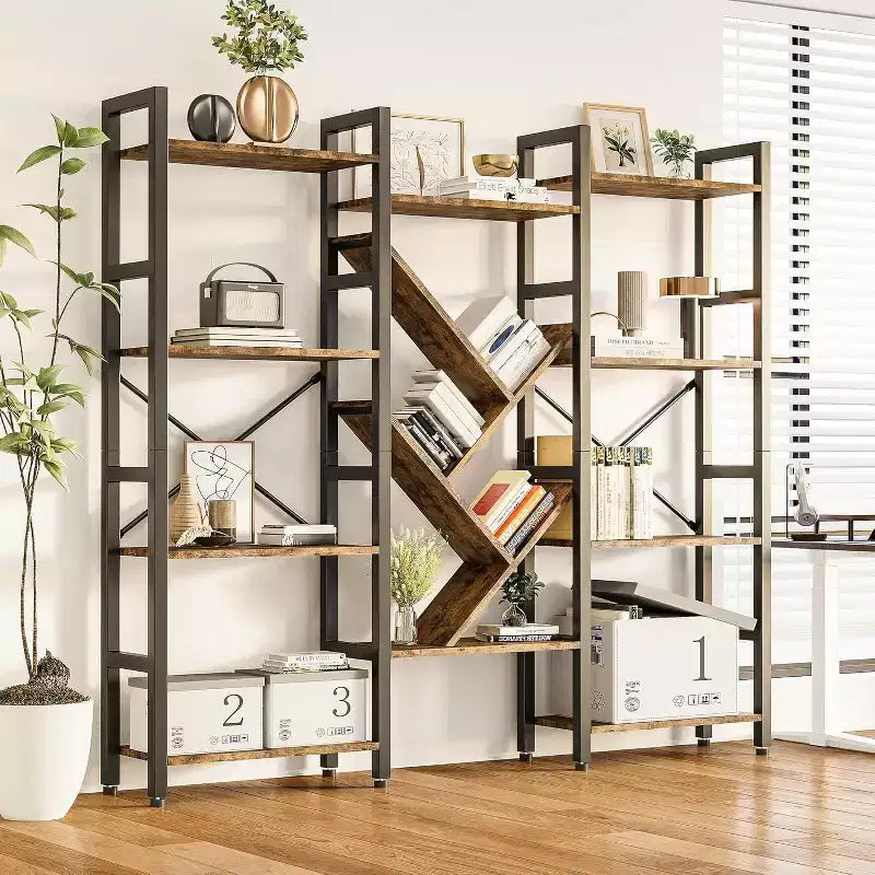 Estanterías de 4 niveles, librerías grandes de madera, estantes abiertos para salas de estar y dormitorios, muebles modernos con estructura de metal, color marrón.