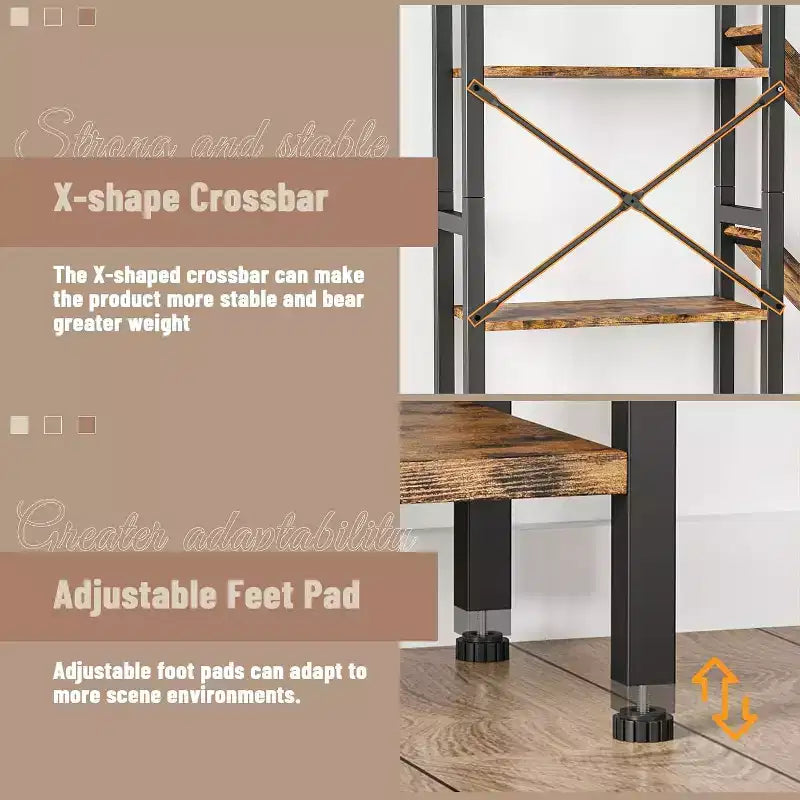 Estanterías de 4 niveles, librerías grandes de madera, estantes abiertos para salas de estar y dormitorios, muebles modernos con estructura de metal, color marrón.
