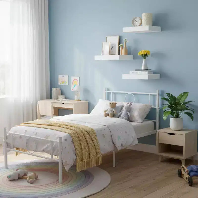 FurnitureR Metal Twin Bed Frame with Headboard + 3 Floating Wall Shelves, Sturdy Steel Platform Bed Set with Storage Space, No Box Spring Needed