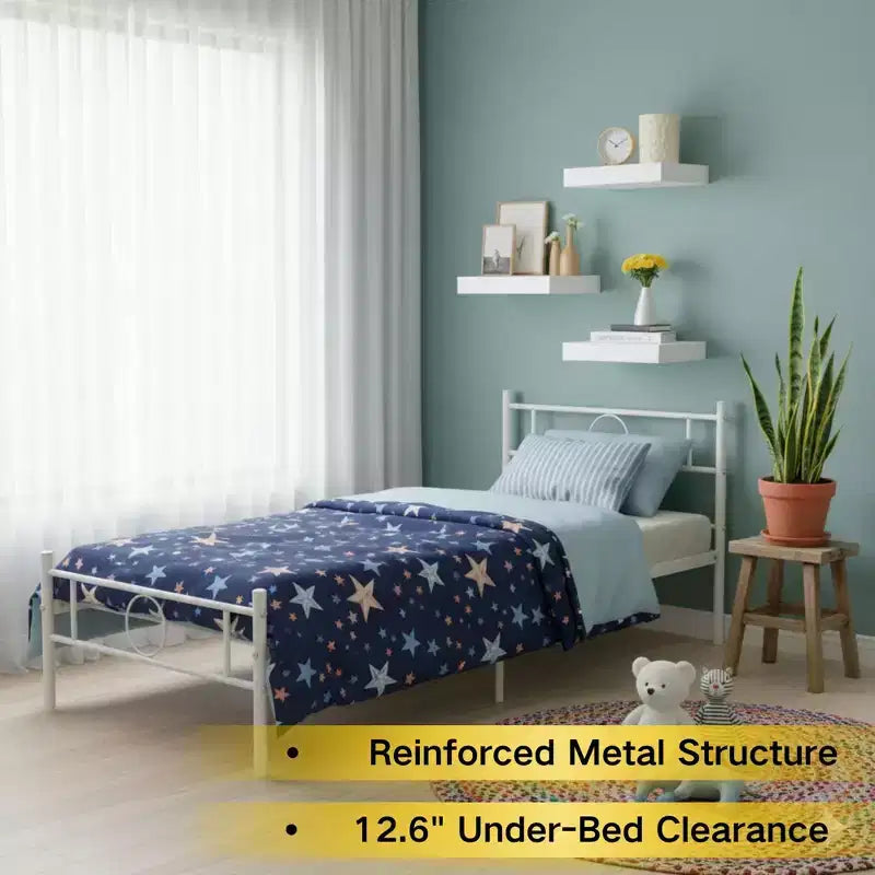 Base de cama doble de metal FurnitureR con cabecero + 3 estantes flotantes de pared, conjunto de cama de plataforma de acero resistente con espacio de almacenamiento, no requiere somier