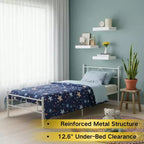 Base de cama doble de metal FurnitureR con cabecero + 3 estantes flotantes de pared, conjunto de cama de plataforma de acero resistente con espacio de almacenamiento, no requiere somier