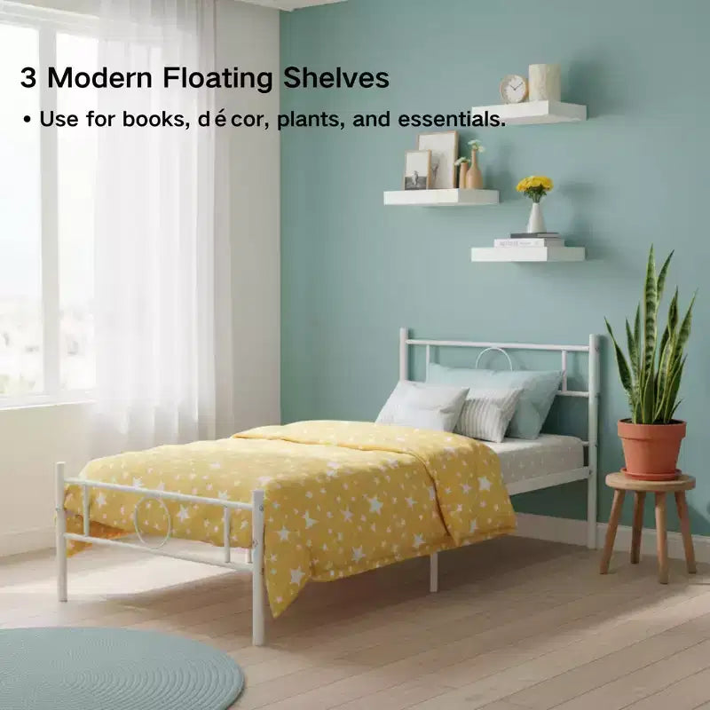 Base de cama doble de metal FurnitureR con cabecero + 3 estantes flotantes de pared, conjunto de cama de plataforma de acero resistente con espacio de almacenamiento, no requiere somier