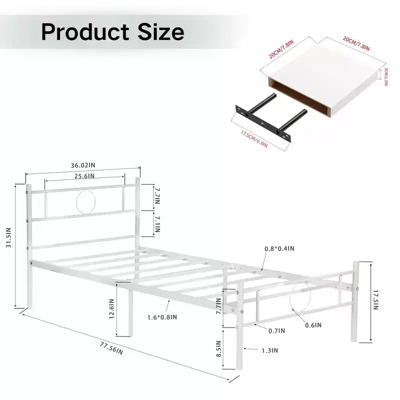 Base de cama doble de metal FurnitureR con cabecero + 3 estantes flotantes de pared, conjunto de cama de plataforma de acero resistente con espacio de almacenamiento, no requiere somier