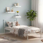 Base de cama doble de metal FurnitureR con cabecero + 3 estantes flotantes de pared, conjunto de cama de plataforma de acero resistente con espacio de almacenamiento, no requiere somier