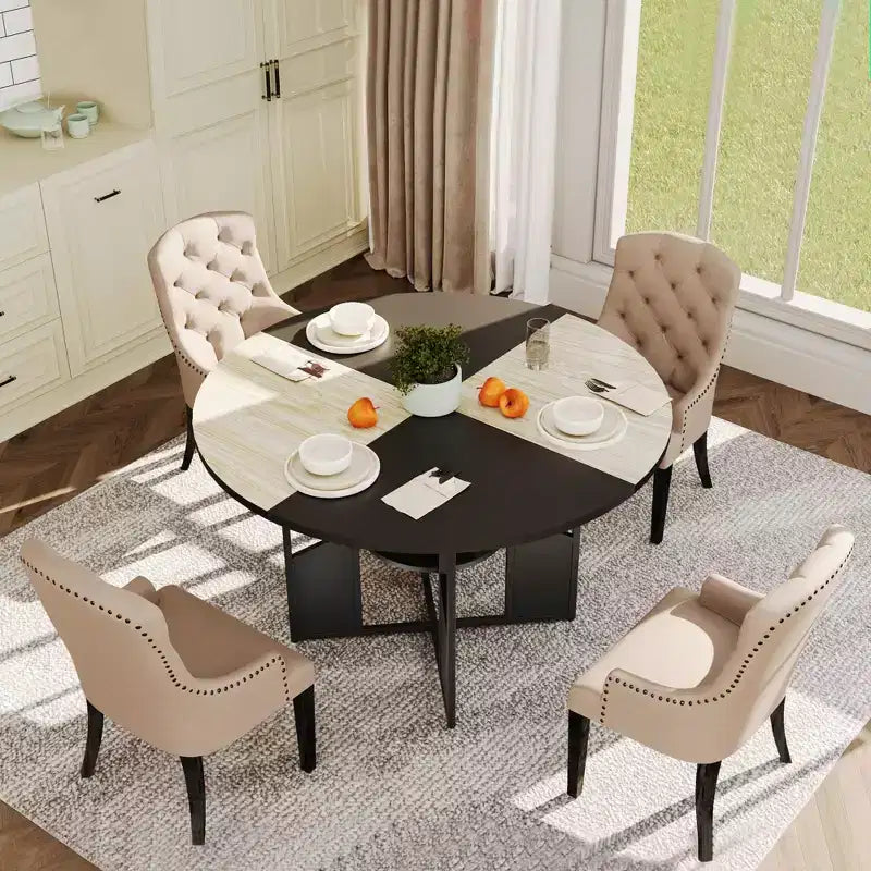 Mesa de comedor redonda para 4-6 personas - Mesa de cocina redonda de madera estilo casa de campo moderna con estante de almacenamiento, muebles de rincón de desayuno con encimera impermeable