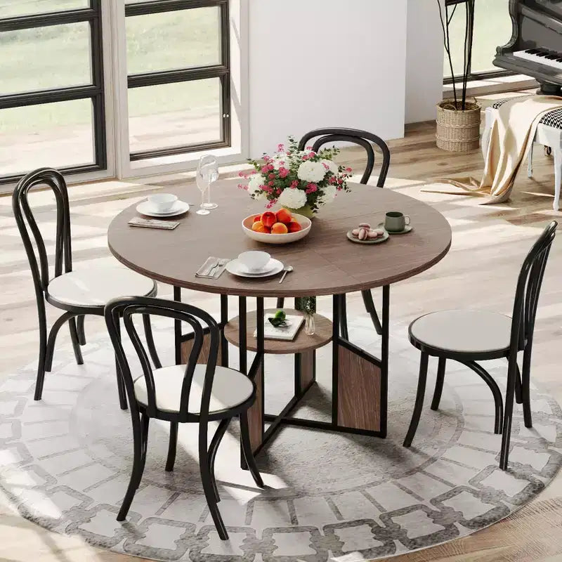 Mesa de comedor redonda para 4-6 personas - Mesa de cocina redonda de madera estilo casa de campo moderna con estante de almacenamiento, muebles de rincón de desayuno con encimera impermeable