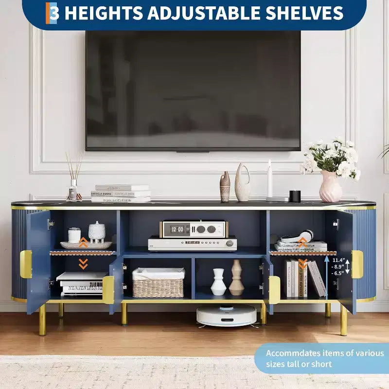 Mueble de TV de cuatro puertas de MDF con patrón de ondas redondas, centro de entretenimiento de lujo grande de 70 pulgadas, estantes ajustables