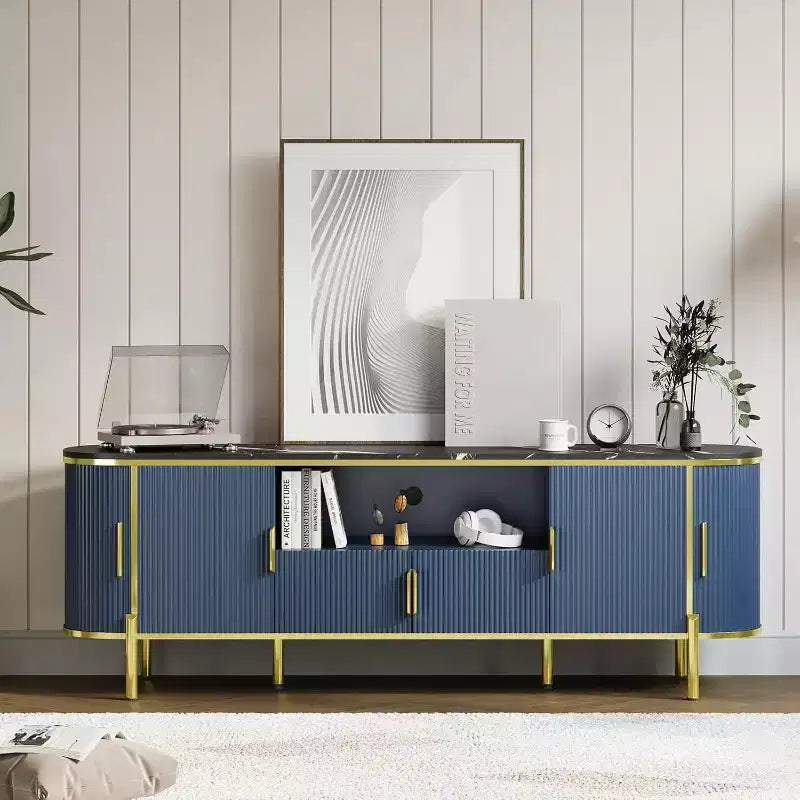 Mueble de TV de cuatro puertas de MDF con patrón de ondas redondas, centro de entretenimiento de lujo grande de 70 pulgadas, estantes ajustables