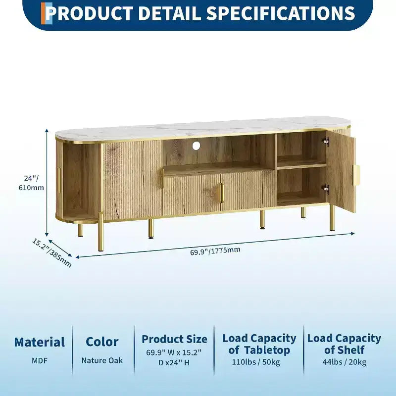 Mueble de TV de cuatro puertas de MDF con patrón de ondas redondas, centro de entretenimiento de lujo grande de 70 pulgadas, estantes ajustables