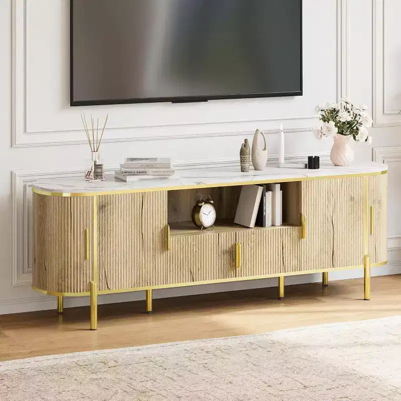 Mueble de TV de cuatro puertas de MDF con patrón de ondas redondas, centro de entretenimiento de lujo grande de 70 pulgadas, estantes ajustables