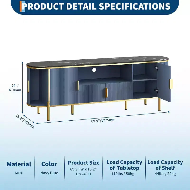 Mueble de TV de cuatro puertas de MDF con patrón de ondas redondas, centro de entretenimiento de lujo grande de 70 pulgadas, estantes ajustables