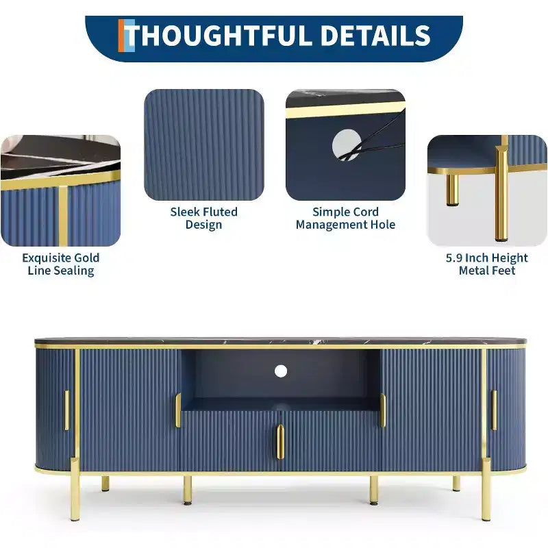 Mueble de TV de cuatro puertas de MDF con patrón de ondas redondas, centro de entretenimiento de lujo grande de 70 pulgadas, estantes ajustables