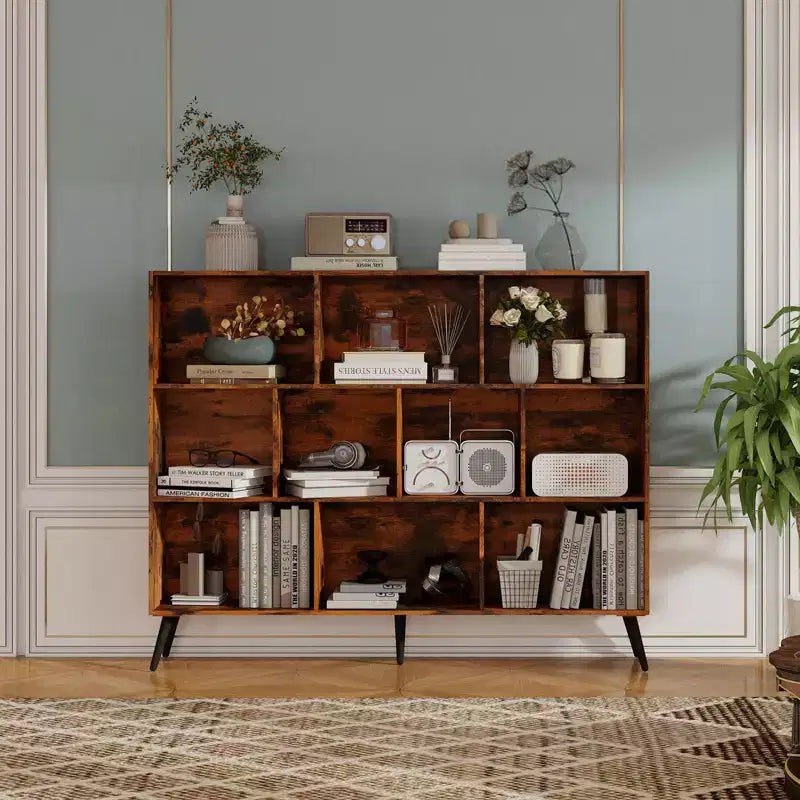 10-Cube Storage Shelf Bookcase, Wood Cube Storage Organizer, Wooden 3-Tier Bookcase for Living Room/Office, Display Cabinet, Home Decor Storage Cubes