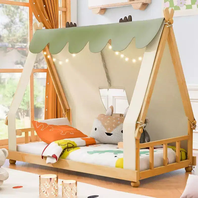 Camas con dosel de piso Okak Twin/Full con forma de casa con tienda de campaña y decoración de luces, marco de cama de plataforma para niños, adolescentes, no necesita somier