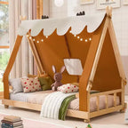 Camas con dosel de piso Okak Twin/Full con forma de casa con tienda de campaña y decoración de luces, marco de cama de plataforma para niños, adolescentes, no necesita somier
