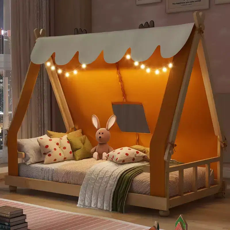 Camas con dosel de piso Okak Twin/Full con forma de casa con tienda de campaña y decoración de luces, marco de cama de plataforma para niños, adolescentes, no necesita somier