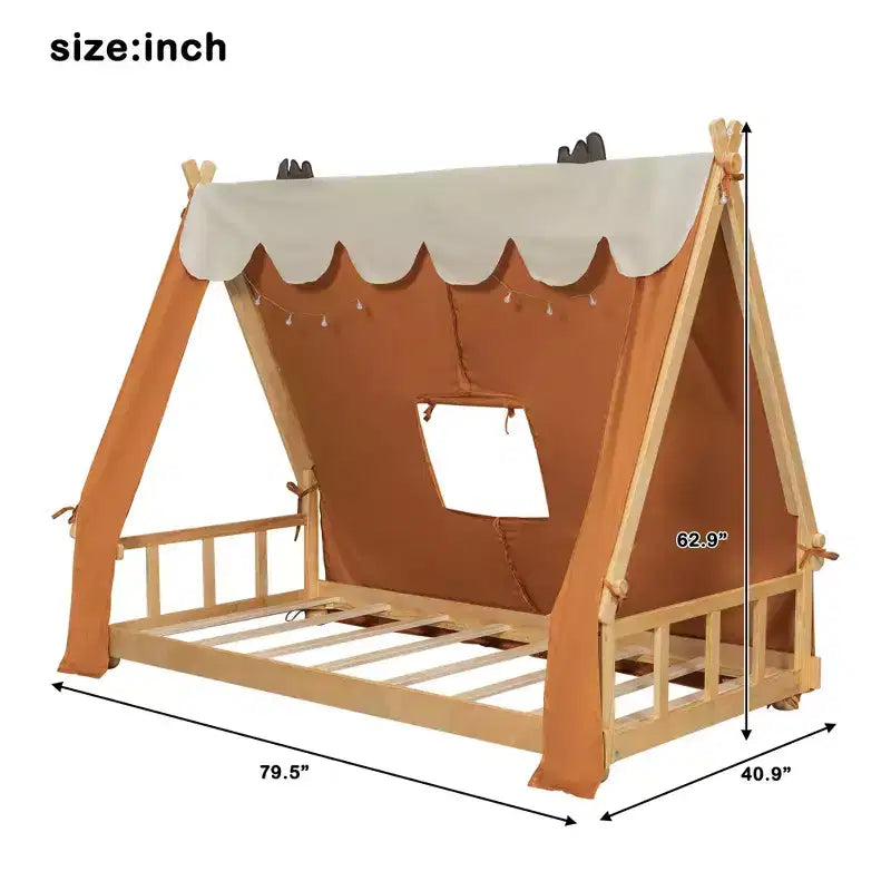 Camas con dosel de piso Okak Twin/Full con forma de casa con tienda de campaña y decoración de luces, marco de cama de plataforma para niños, adolescentes, no necesita somier