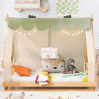 Camas con dosel de piso Okak Twin/Full con forma de casa con tienda de campaña y decoración de luces, marco de cama de plataforma para niños, adolescentes, no necesita somier