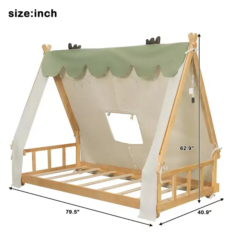 Camas con dosel de piso Okak Twin/Full con forma de casa con tienda de campaña y decoración de luces, marco de cama de plataforma para niños, adolescentes, no necesita somier