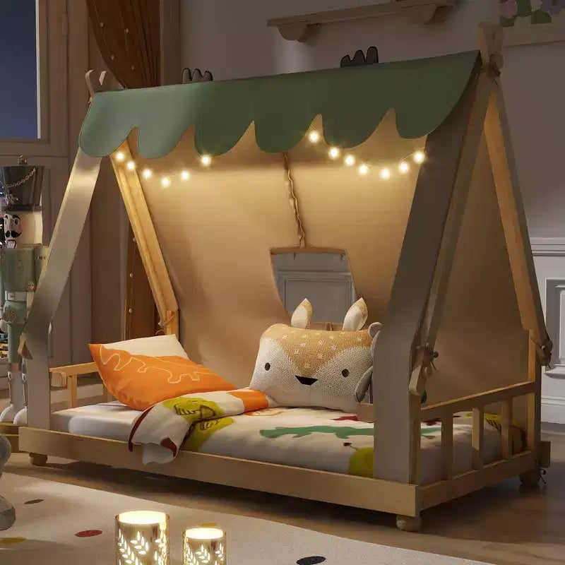 Camas con dosel de piso Okak Twin/Full con forma de casa con tienda de campaña y decoración de luces, marco de cama de plataforma para niños, adolescentes, no necesita somier