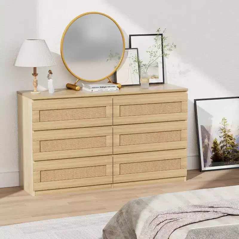 Cómoda de ratán Acekool con 6 cajones, armario de almacenamiento delgado para dormitorio, sala de estar, recibidor