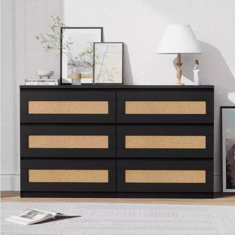 Acekool 6 Drawer Rattan Dresser, Slim Storage Chest for Bedroom, Living Room, Entryway