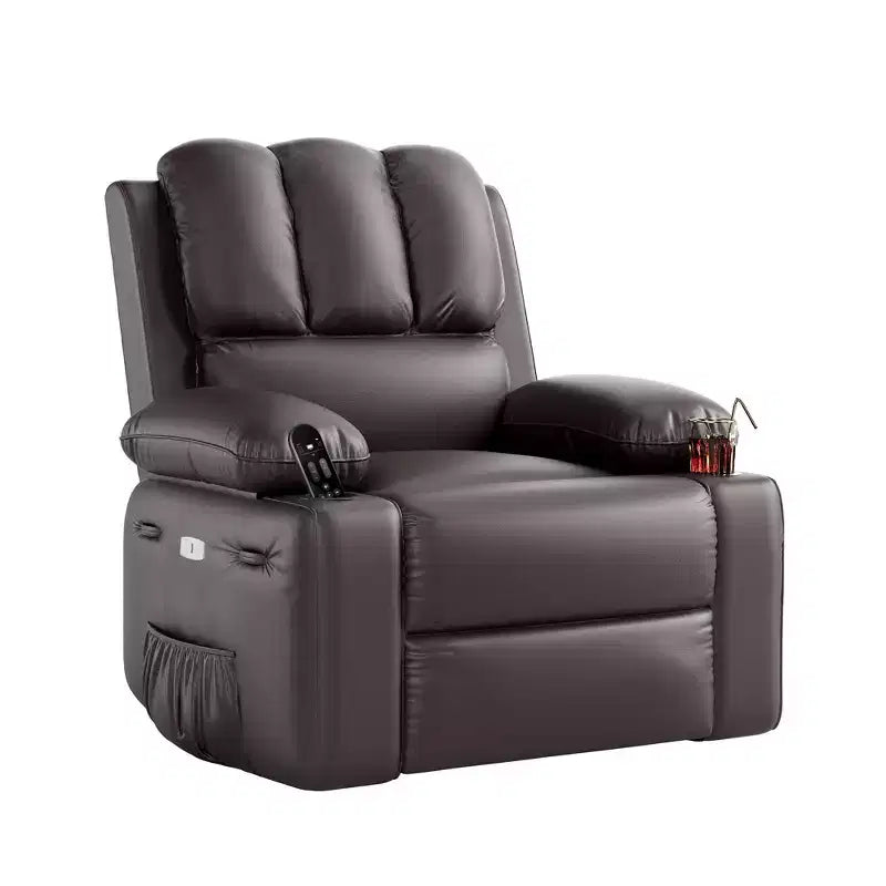 Sillón Reclinable de Masaje para Adultos, Mecedora Giratoria con Calefacción, Cuero PU, Control Remoto, Portavasos, Bolsillo Lateral, Sillón Reclinable Ancho para Sala de Estar, Dormitorio