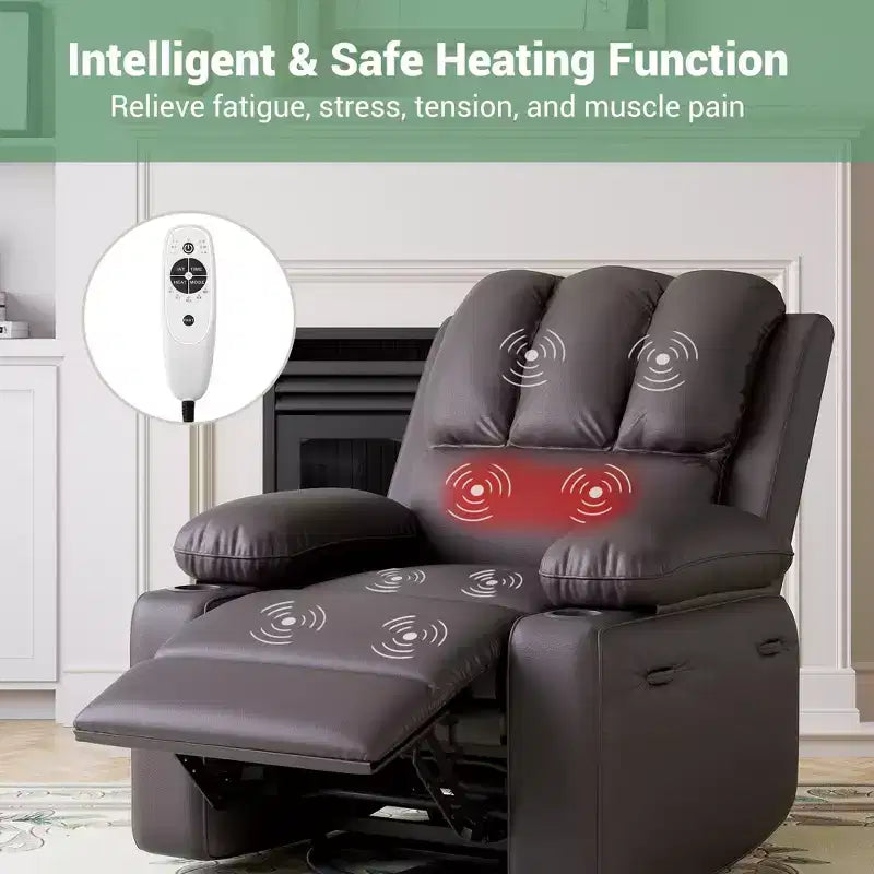 Sillón Reclinable de Masaje para Adultos, Mecedora Giratoria con Calefacción, Cuero PU, Control Remoto, Portavasos, Bolsillo Lateral, Sillón Reclinable Ancho para Sala de Estar, Dormitorio
