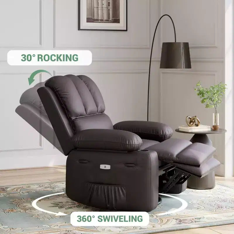 Sillón Reclinable de Masaje para Adultos, Mecedora Giratoria con Calefacción, Cuero PU, Control Remoto, Portavasos, Bolsillo Lateral, Sillón Reclinable Ancho para Sala de Estar, Dormitorio