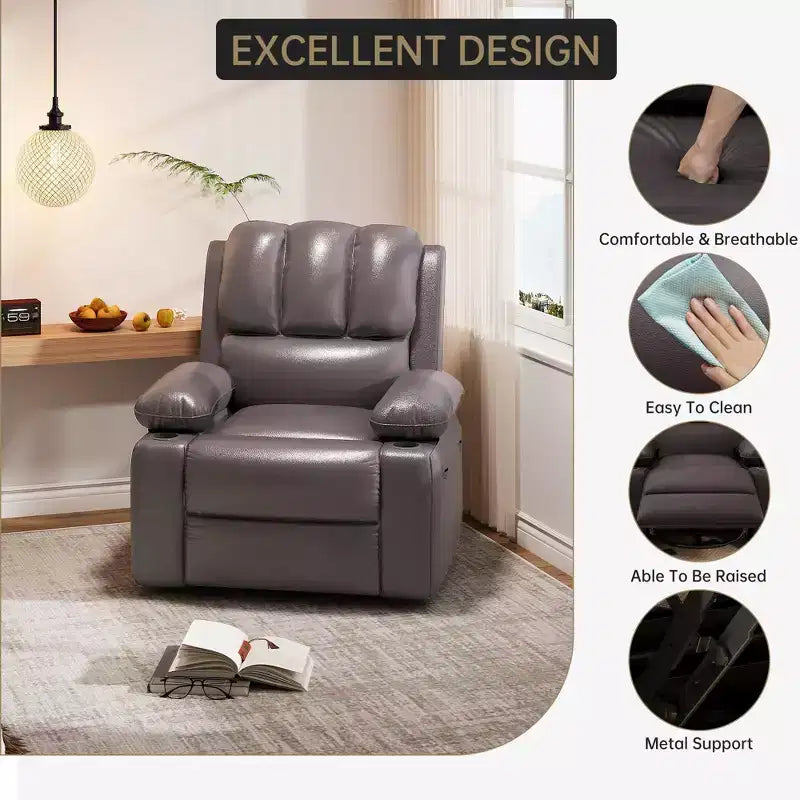 Sillón Reclinable de Masaje para Adultos, Mecedora Giratoria con Calefacción, Cuero PU, Control Remoto, Portavasos, Bolsillo Lateral, Sillón Reclinable Ancho para Sala de Estar, Dormitorio