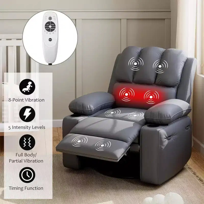 Sillón Reclinable de Masaje para Adultos, Mecedora Giratoria con Calefacción, Cuero PU, Control Remoto, Portavasos, Bolsillo Lateral, Sillón Reclinable Ancho para Sala de Estar, Dormitorio