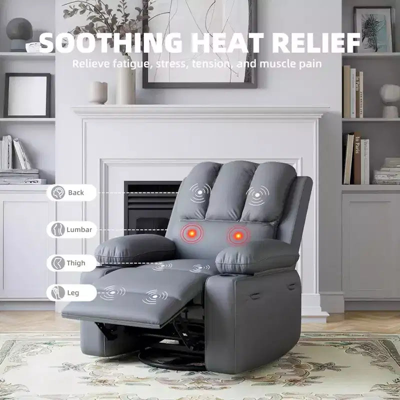 Sillón Reclinable de Masaje para Adultos, Mecedora Giratoria con Calefacción, Cuero PU, Control Remoto, Portavasos, Bolsillo Lateral, Sillón Reclinable Ancho para Sala de Estar, Dormitorio