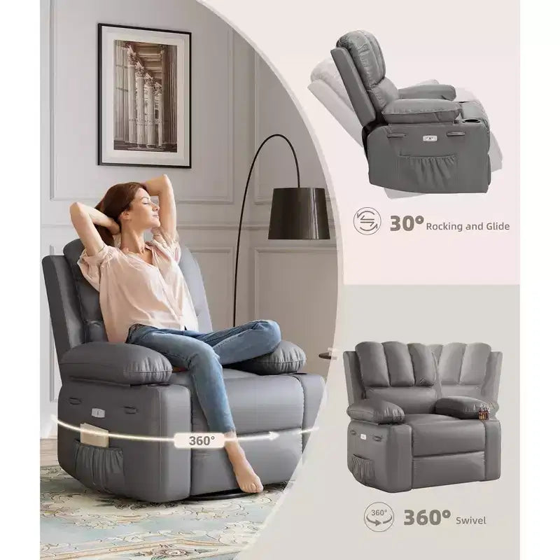 Sillón Reclinable de Masaje para Adultos, Mecedora Giratoria con Calefacción, Cuero PU, Control Remoto, Portavasos, Bolsillo Lateral, Sillón Reclinable Ancho para Sala de Estar, Dormitorio