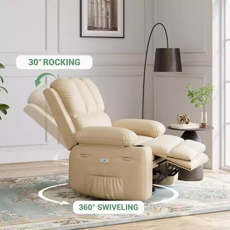 Sillón Reclinable de Masaje para Adultos, Mecedora Giratoria con Calefacción, Cuero PU, Control Remoto, Portavasos, Bolsillo Lateral, Sillón Reclinable Ancho para Sala de Estar, Dormitorio