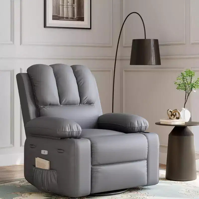 Sillón Reclinable de Masaje para Adultos, Mecedora Giratoria con Calefacción, Cuero PU, Control Remoto, Portavasos, Bolsillo Lateral, Sillón Reclinable Ancho para Sala de Estar, Dormitorio