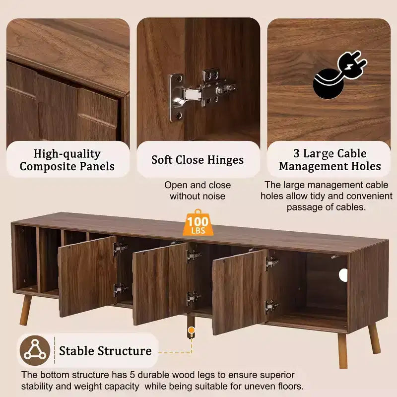 Mueble de TV Clihome de 70 pulgadas, estilo moderno de mediados de siglo, mesa consola multimedia para televisores de hasta 80 pulgadas, centro de entretenimiento con 5 patas de madera maciza para sala de estar