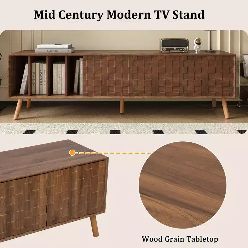Mueble de TV Clihome de 70 pulgadas, estilo moderno de mediados de siglo, mesa consola multimedia para televisores de hasta 80 pulgadas, centro de entretenimiento con 5 patas de madera maciza para sala de estar