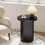 Mesa auxiliar redonda Lantine, mesa auxiliar de pedestal estilo rústico, mesita de noche de madera estriada, soporte para bebidas para sala de estar, dormitorio, color negro