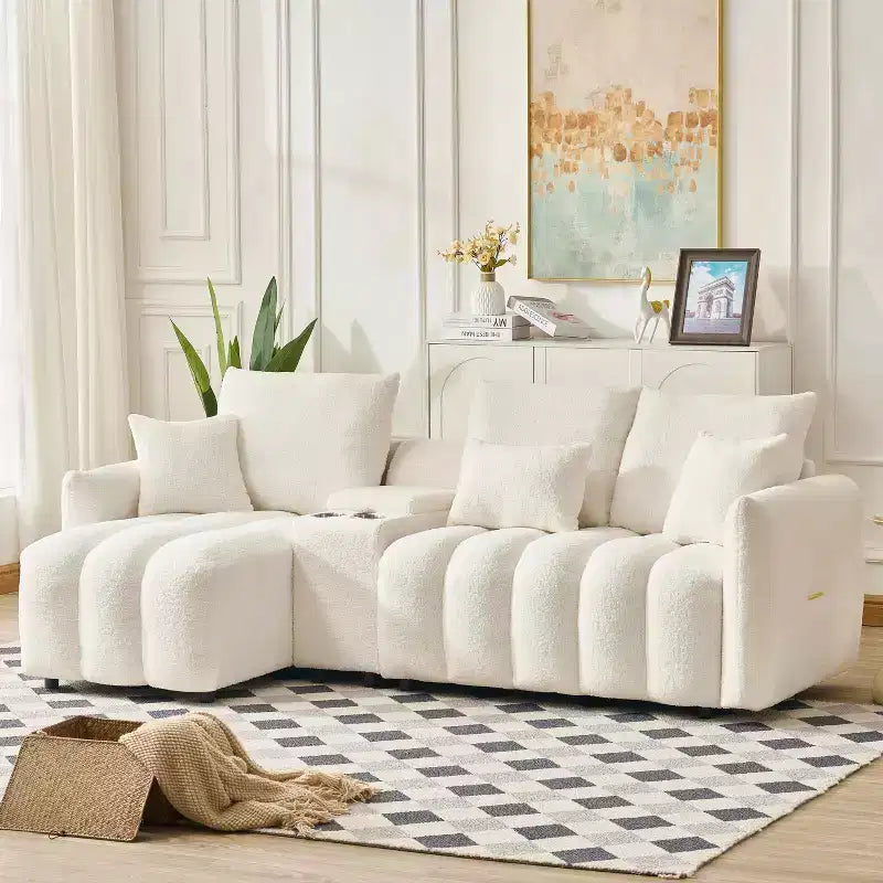MAYEERTY Sofá esquinero de tela de piel sintética de alta calidad, 92 pulgadas, con mesa de centro y consola central para sala de estar y apartamentos, color blanco
