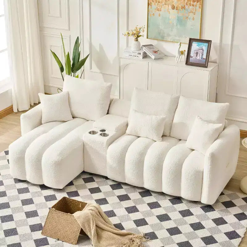MAYEERTY Sofá esquinero de tela de piel sintética de alta calidad, 92 pulgadas, con mesa de centro y consola central para sala de estar y apartamentos, color blanco