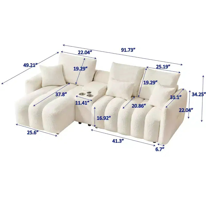 MAYEERTY Sofá esquinero de tela de piel sintética de alta calidad, 92 pulgadas, con mesa de centro y consola central para sala de estar y apartamentos, color blanco