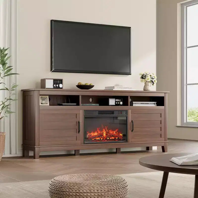 Mueble para TV con chimenea de 63 pulgadas, centro de entretenimiento con chimenea, mueble para TV de estilo rústico con puertas de armario, para sala de estar, dormitorio