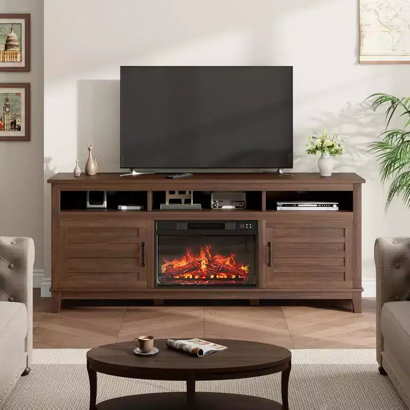 Mueble para TV con chimenea de 63 pulgadas, centro de entretenimiento con chimenea, mueble para TV de estilo rústico con puertas de armario, para sala de estar, dormitorio