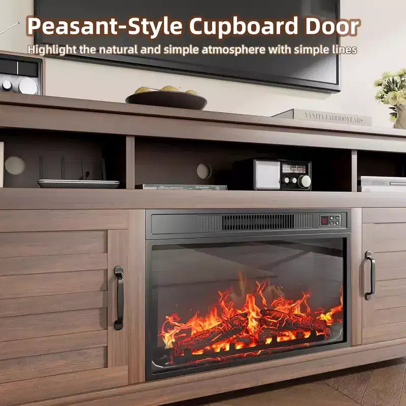 Mueble para TV con chimenea de 63 pulgadas, centro de entretenimiento con chimenea, mueble para TV de estilo rústico con puertas de armario, para sala de estar, dormitorio