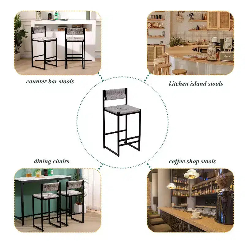 TUYOHW Taburetes de Bar Modernos de Cuerda de Papel Tejida, Juego de 2, Sillas de Bar de Altura de Mostrador con Estructura Metálica y Reposapiés, Sillas de Comedor para Cocina, Bar del Hogar