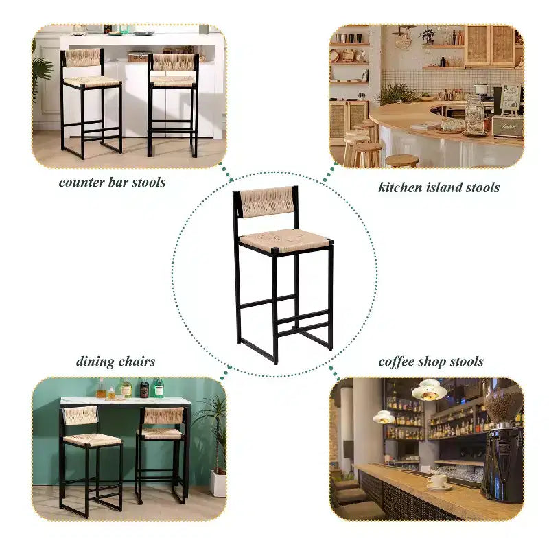 TUYOHW Taburetes de Bar Modernos de Cuerda de Papel Tejida, Juego de 2, Sillas de Bar de Altura de Mostrador con Estructura Metálica y Reposapiés, Sillas de Comedor para Cocina, Bar del Hogar