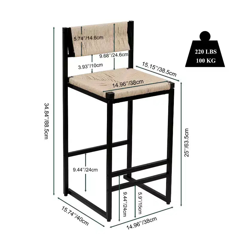 TUYOHW Taburetes de Bar Modernos de Cuerda de Papel Tejida, Juego de 2, Sillas de Bar de Altura de Mostrador con Estructura Metálica y Reposapiés, Sillas de Comedor para Cocina, Bar del Hogar