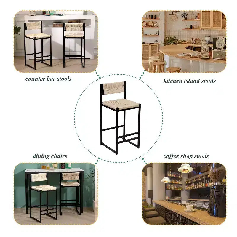 TUYOHW Taburetes de Bar Modernos de Cuerda de Papel Tejida, Juego de 2, Sillas de Bar de Altura de Mostrador con Estructura Metálica y Reposapiés, Sillas de Comedor para Cocina, Bar del Hogar